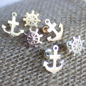 Nautical Ship Wheel Anchor Stud Post Earrings